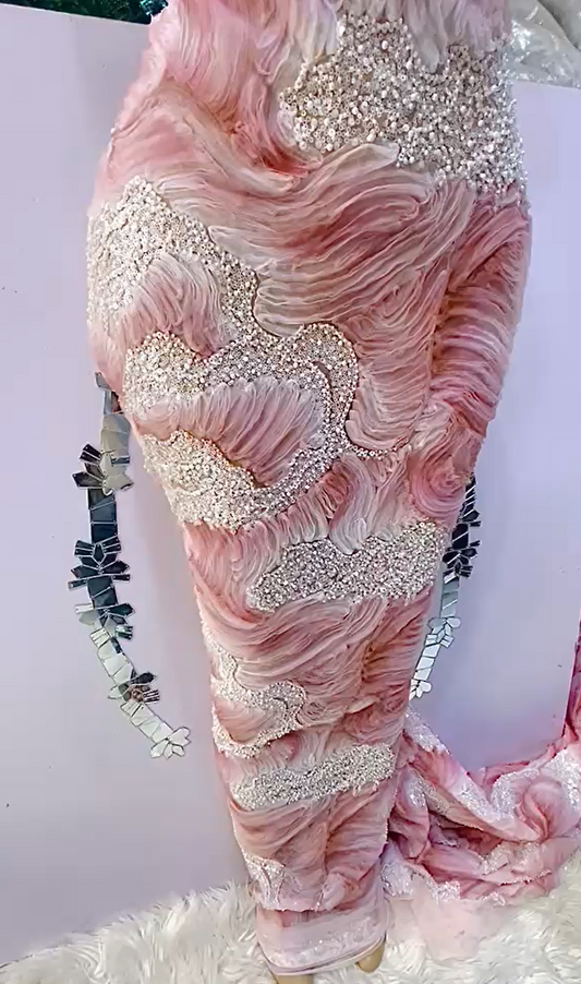 Ruffle Beaded Lace Fabric- Rose Pink (5 Yards)