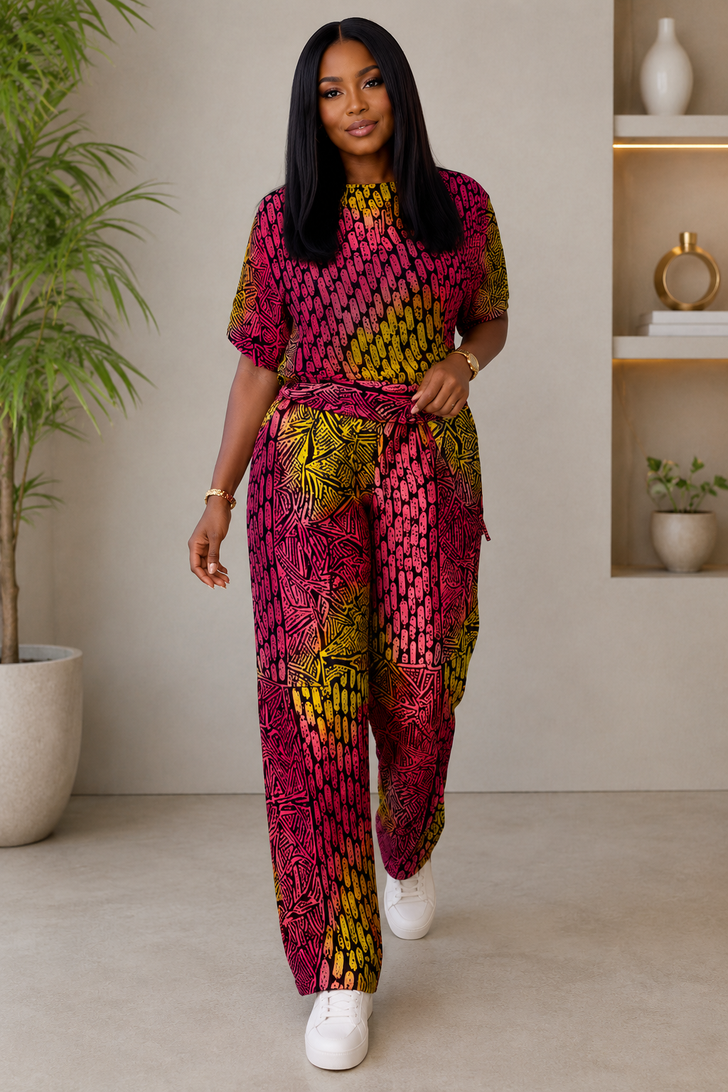 A woman modeling a vibrant magenta and yellow patterned top and pants set styled with white sneakers in a modern indoor setting.