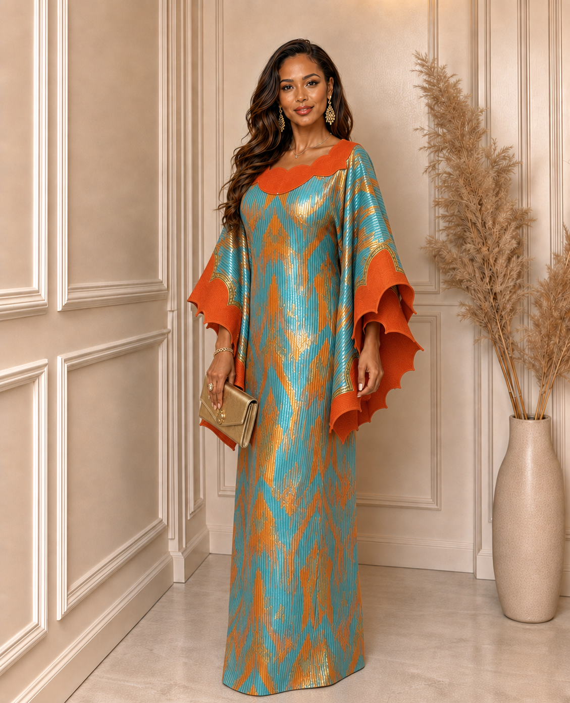 Teal and orange African boubou dress with abstract print, orange scalloped neckline, wide dramatic sleeves and full-length modest silhouette.