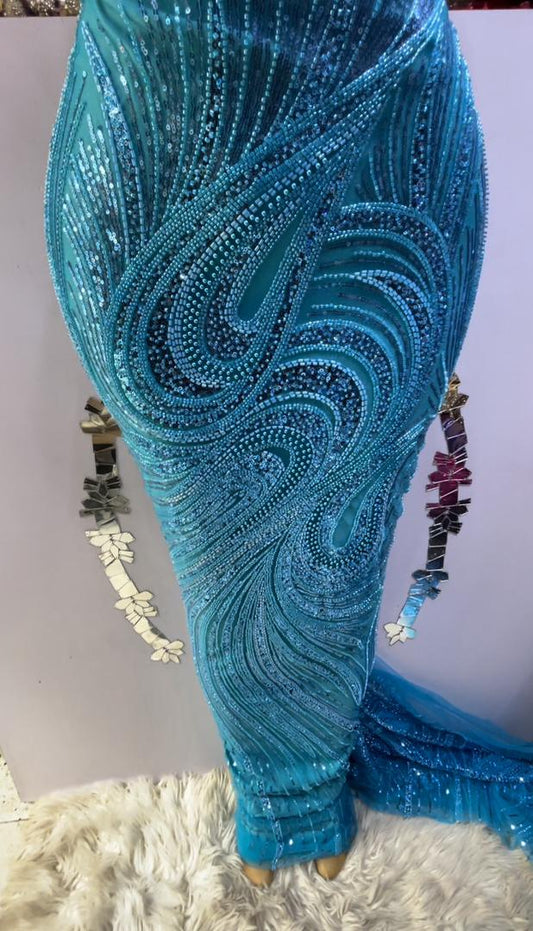 Aqua Blue Ultra-Luxury Hand-Beaded Lace- 5 yards