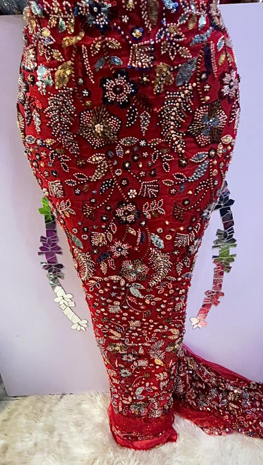 Red Multi-Tone Luxury Hand-Beaded Fabric- 5 yards