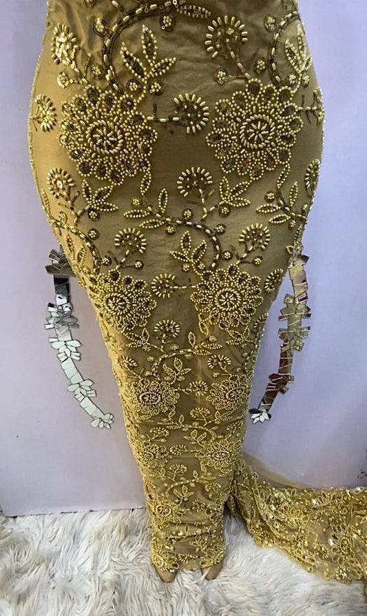 Gold Floral Hand-Beaded Lace - 5 yards