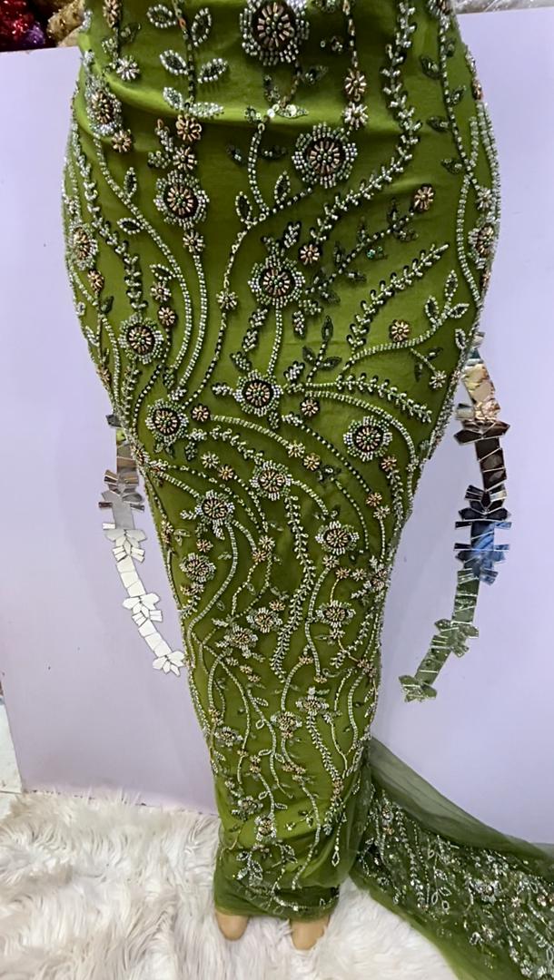 Olive Green Luxury Hand-Beaded Fabric- 5 yards