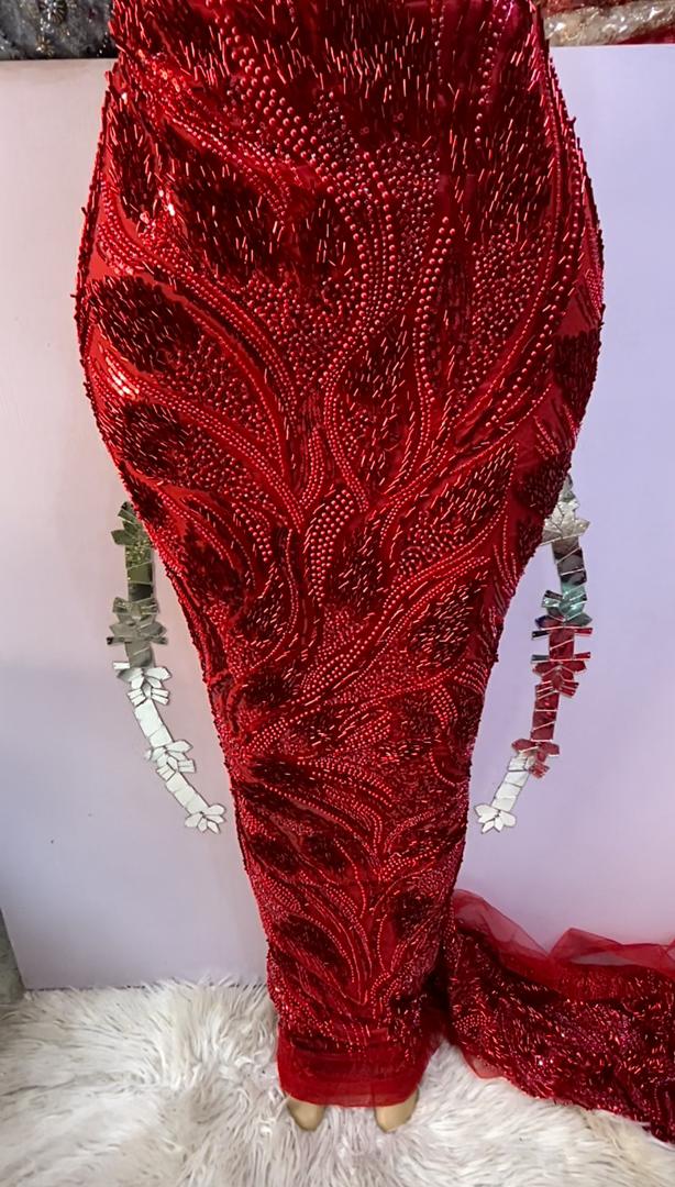 Deep Red Luxe Hand Beaded Lace - 5 yards