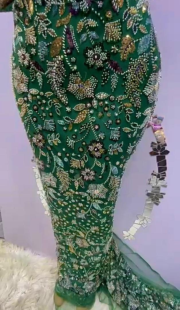 Green Multi-Tone Luxury Hand-Beaded Fabric- 5 yards