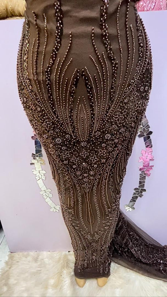 Brown Hand Beaded Lace - 5 yards