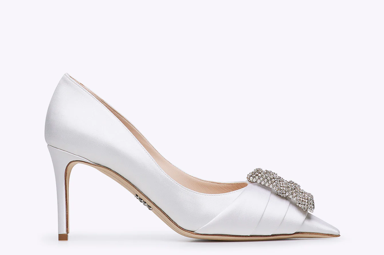 Rodo White Satin Pumps with Jeweled Buckle