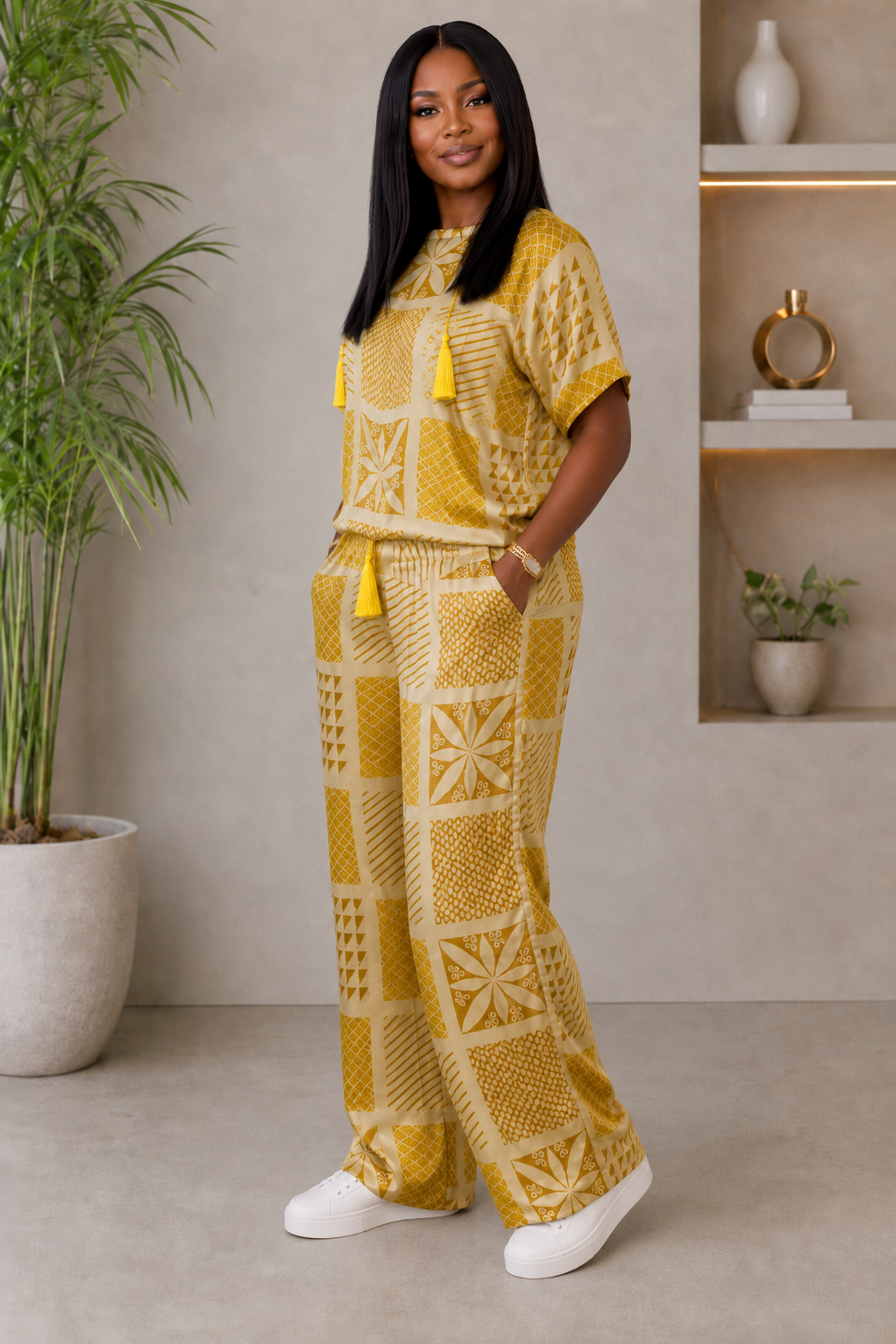 A woman modeling a matching yellow and cream crochet knit lounge set, featuring a short-sleeve top with tassel ties and wide-leg pants, standing in a modern indoor setting with a potted plant and shelving.