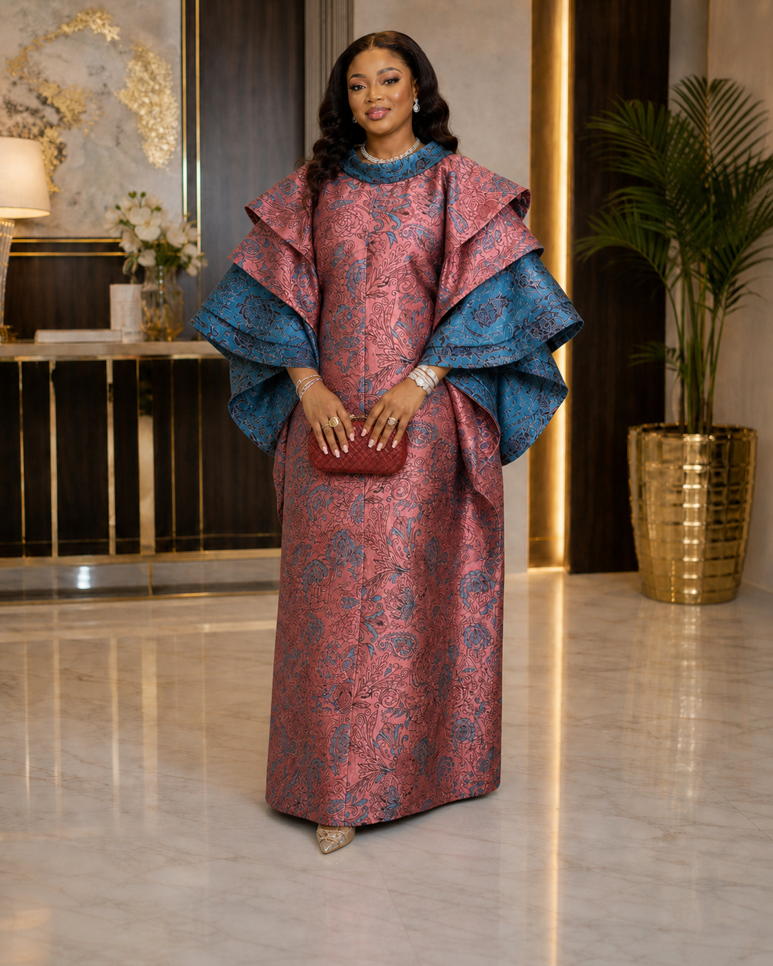 A luxurious rose-pink and teal African boubou featuring ornate pattern detailing, dramatic layered sleeves, and a flowing maxi silhouette. Perfect for weddings, birthdays, church, Eid, owambe parties, and elegant cultural celebrations.