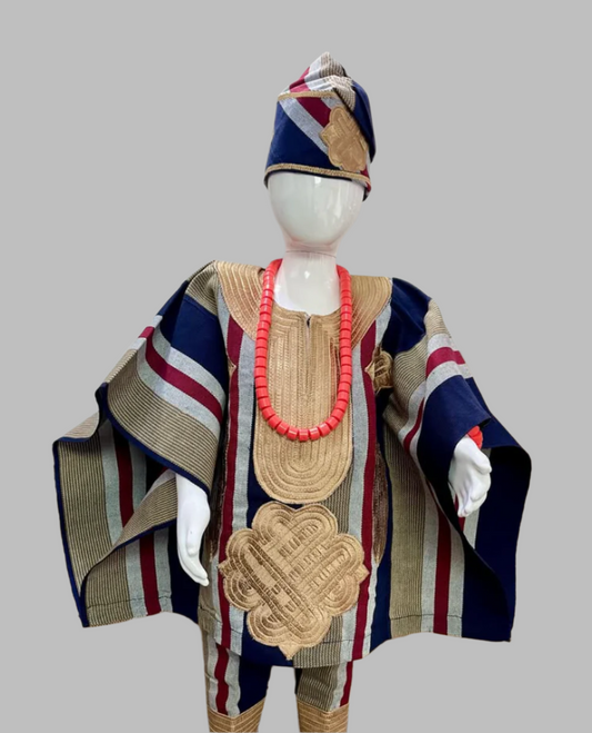 Oluwatobi Agbada Set - Beige and Navy