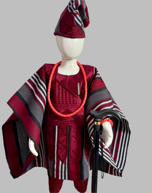 Oluwatobi Agbada Set - Dark Red and Grey