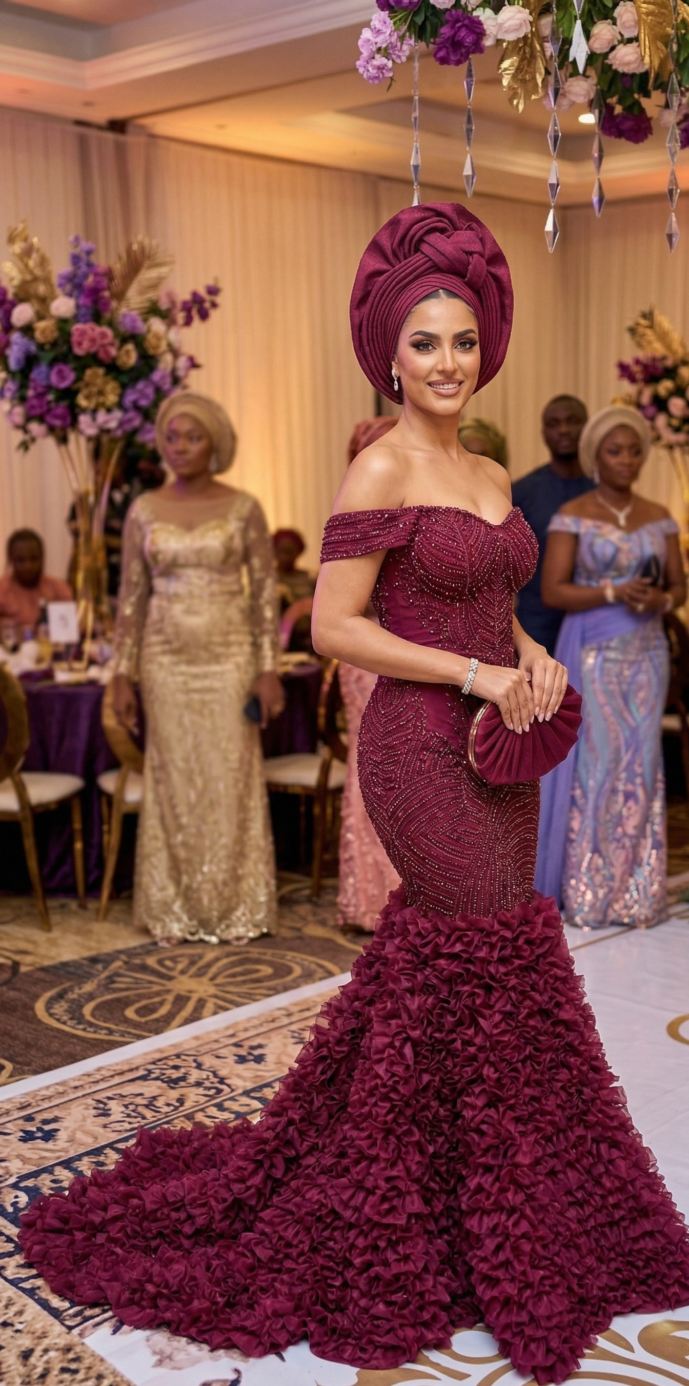 Woman in a burgundy off-shoulder gown with floral details at an event.