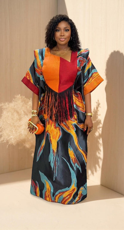 Orange Multi  Kaftan Boubou African Print Statement Dress with Headpiece