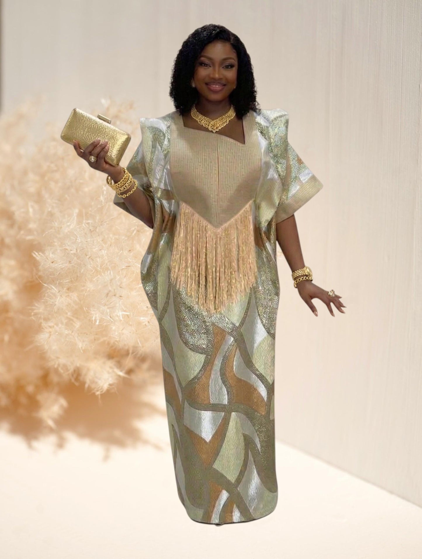 Gold Kaftan Boubou, African Damask Party Dress, Dress with Matching Headpiece