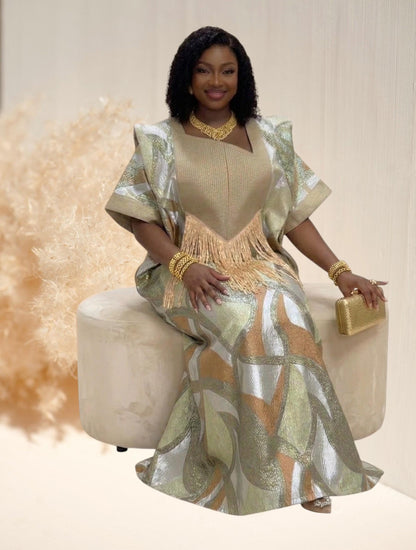 Gold Kaftan Boubou, African Damask Party Dress, Dress with Matching Headpiece