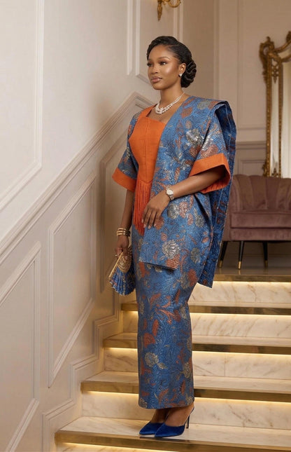 Teal Kaftan Dress with Orange Fringed Bodice and Headpiece | African Statement Boubou