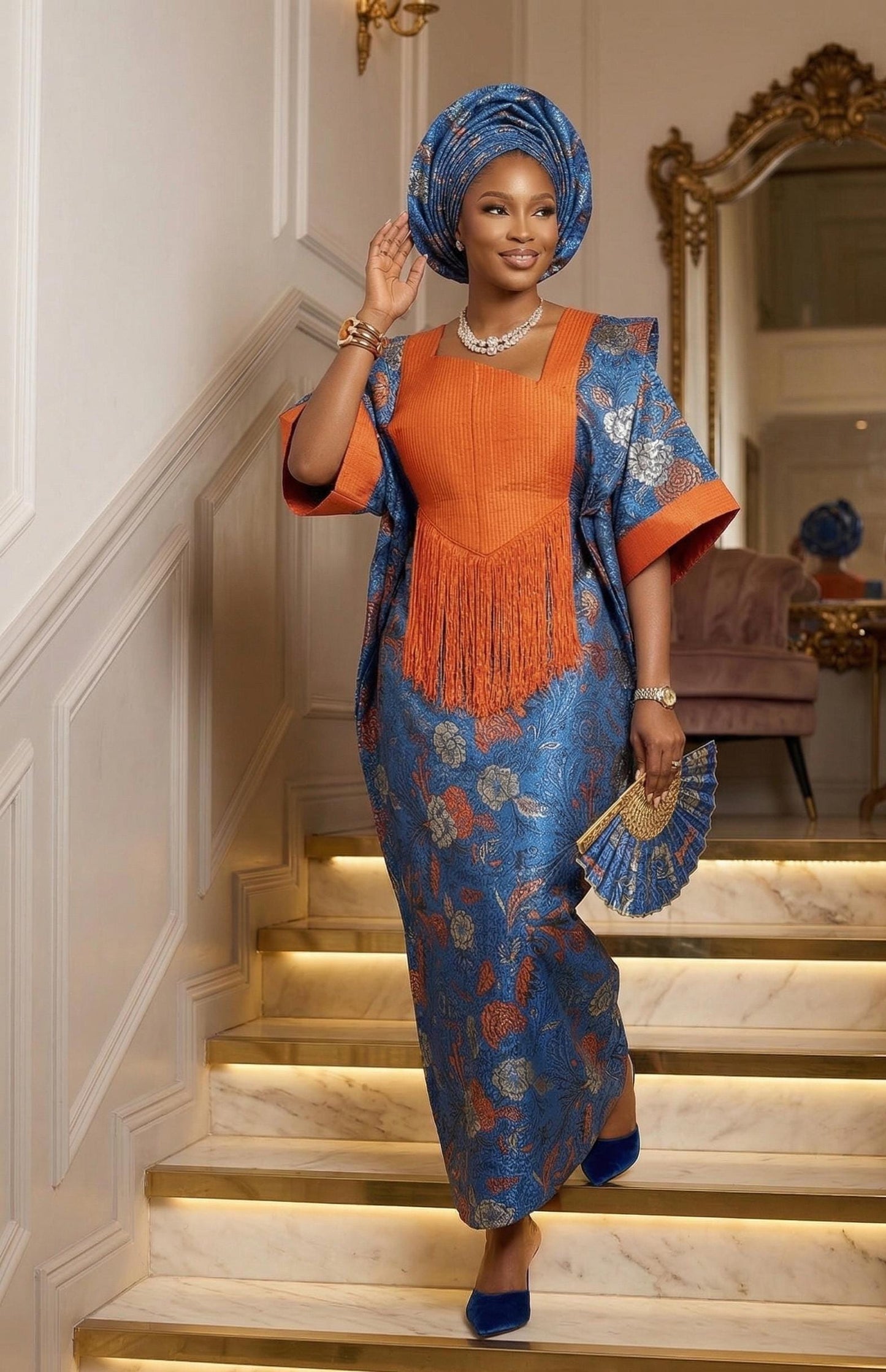 Teal Kaftan Dress with Orange Fringed Bodice and Headpiece | African Statement Boubou
