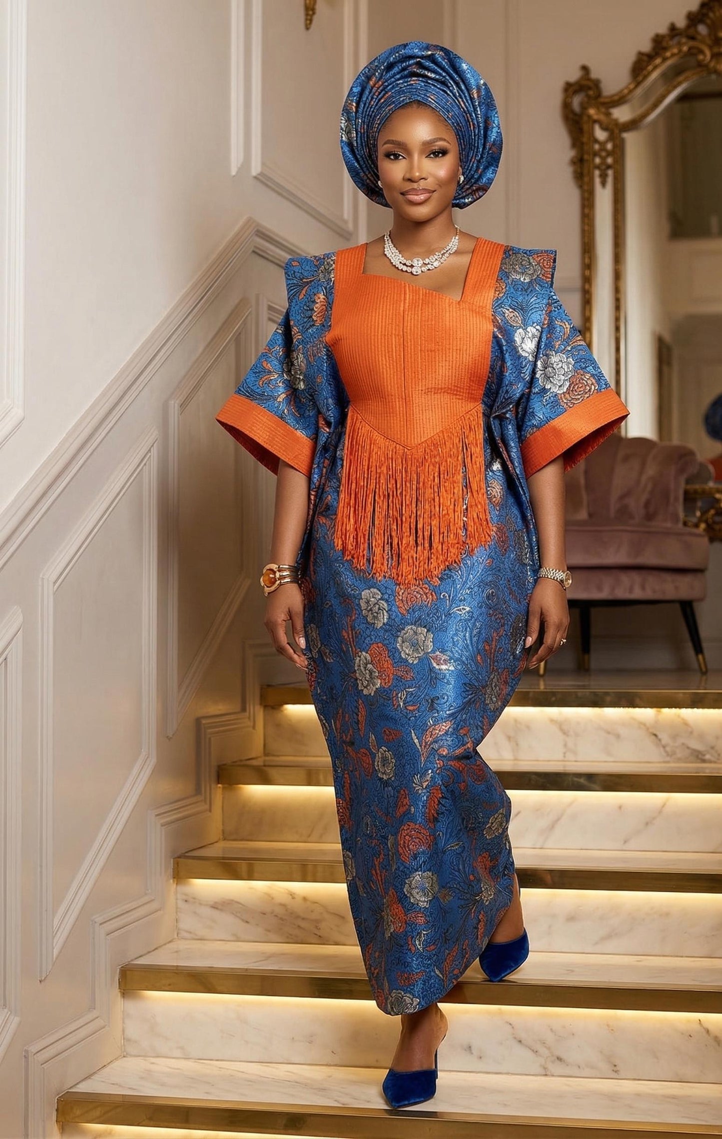 Teal Kaftan Dress with Orange Fringed Bodice and Headpiece | African Statement Boubou