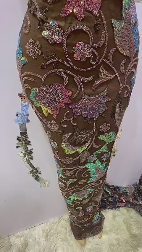 Brown Floral Beaded Lace - 5 Yards