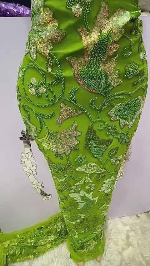Green Floral Beaded Lace - 5 Yards