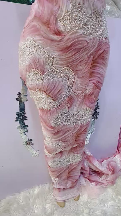 Ruffle Beaded Lace Fabric- Rose Pink (5 Yards)