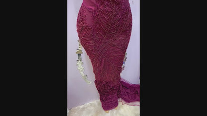 Ruffle Beaded Lace Fabric- Burgundy (5 Yards)