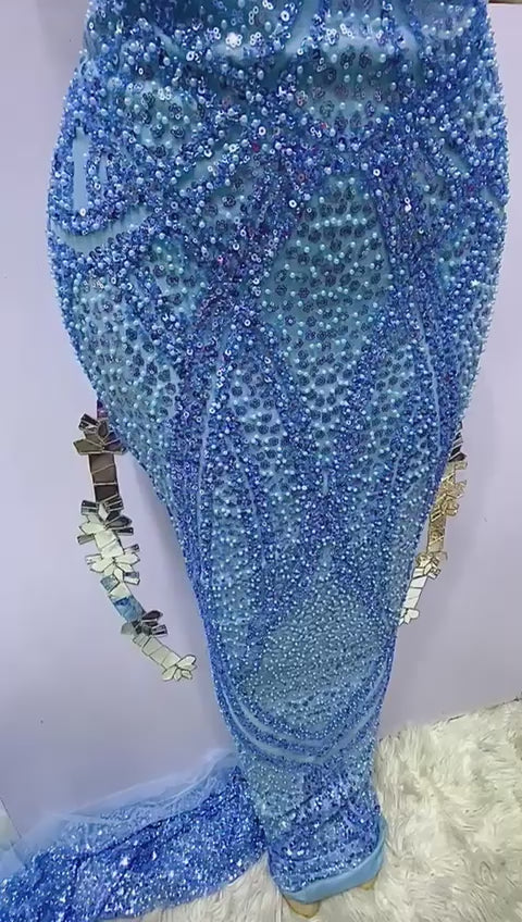 Blue Floral Beaded Lace - 5 Yards