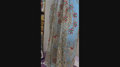 Light Blue Crystal Embellished Luxe George Fabric - 5 Yards