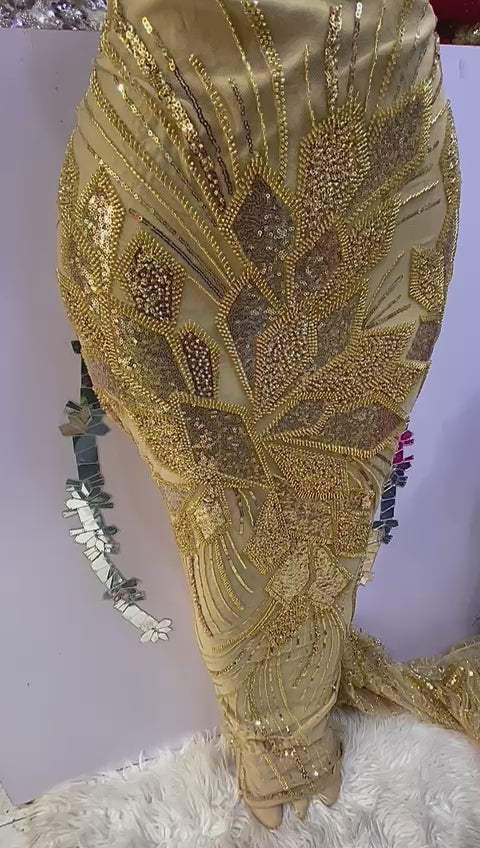 gold beaded african lace fabric for aso ebi wedding