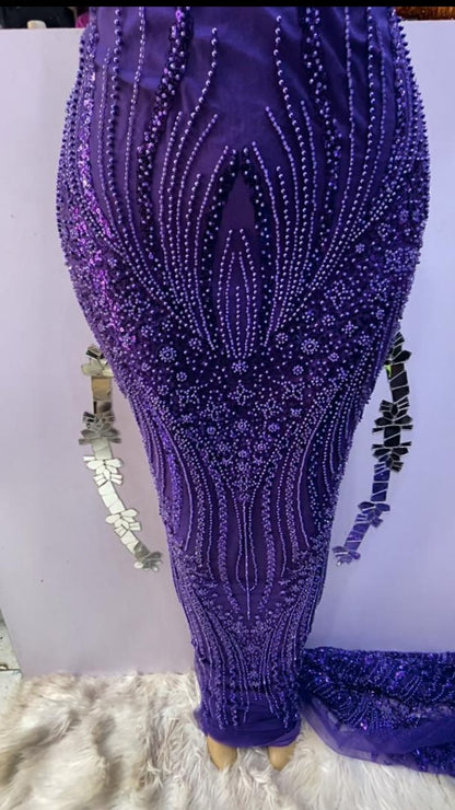 Purple Hand Beaded Lace - 5 yards