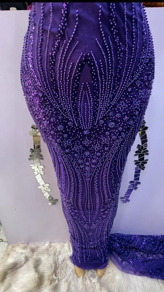 Purple Hand Beaded Lace - 5 yards