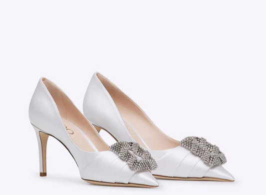 Rodo White Satin Pumps with Jeweled Buckle